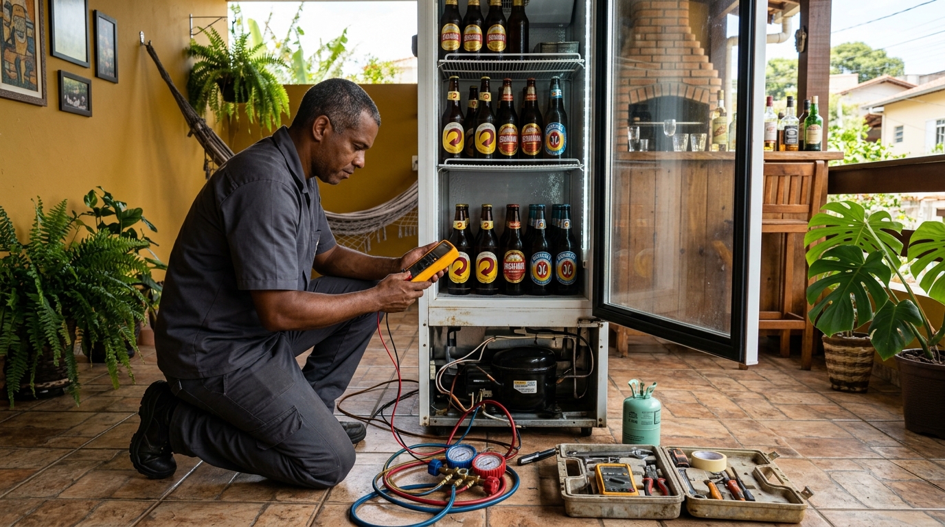 Placa eletrônica de cervejeira em reparo na bancada em Porto Alegre‑RS