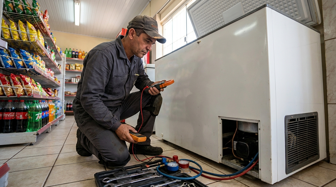 Reparo da placa eletrônica de um freezer em atendimento em Porto Alegre‑RS
