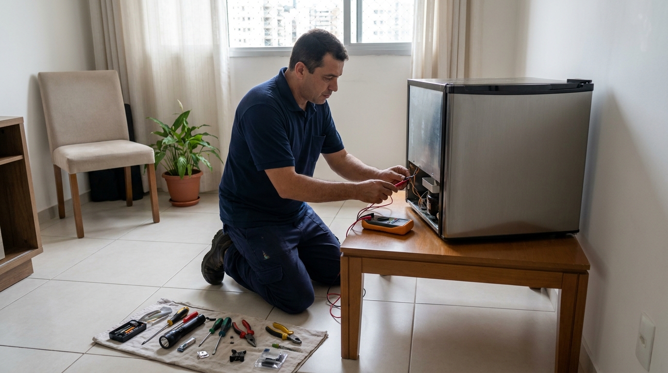 Técnico revisando o motor de um frigobar em Porto Alegre‑RS