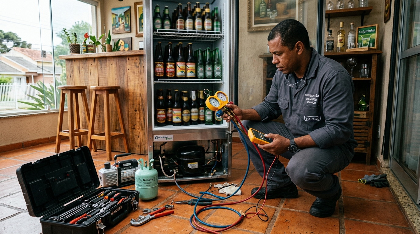 Técnico conferindo a temperatura de uma cervejeira durante atendimento em Porto Alegre‑RS