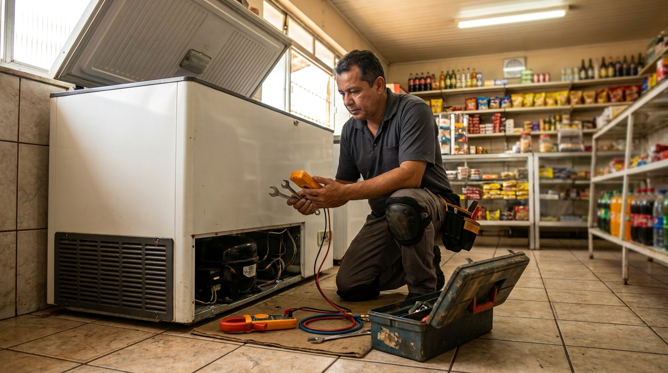 Técnico avaliando um freezer vertical durante atendimento em Porto Alegre‑RS